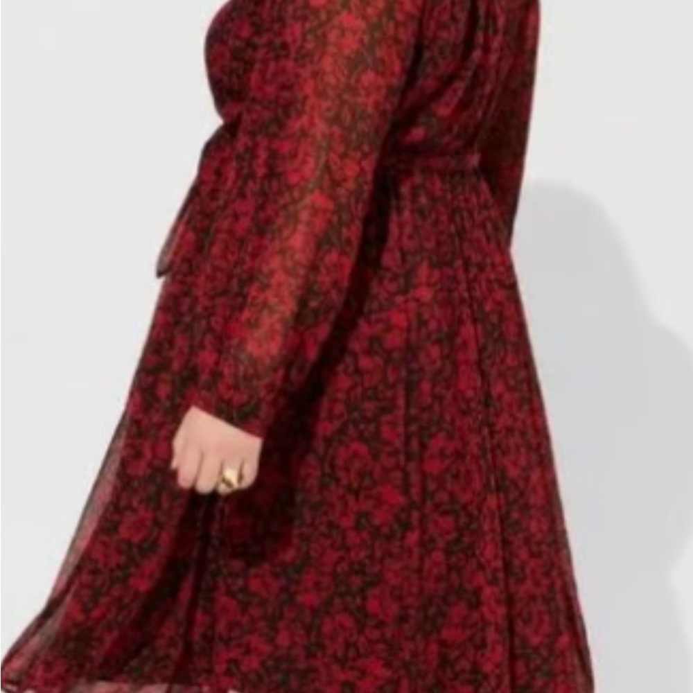 Torrid Women's 10 Red and Black Floral Long Sleeve Dress Pockets Balloon Sleeves - Picture 2 of 12